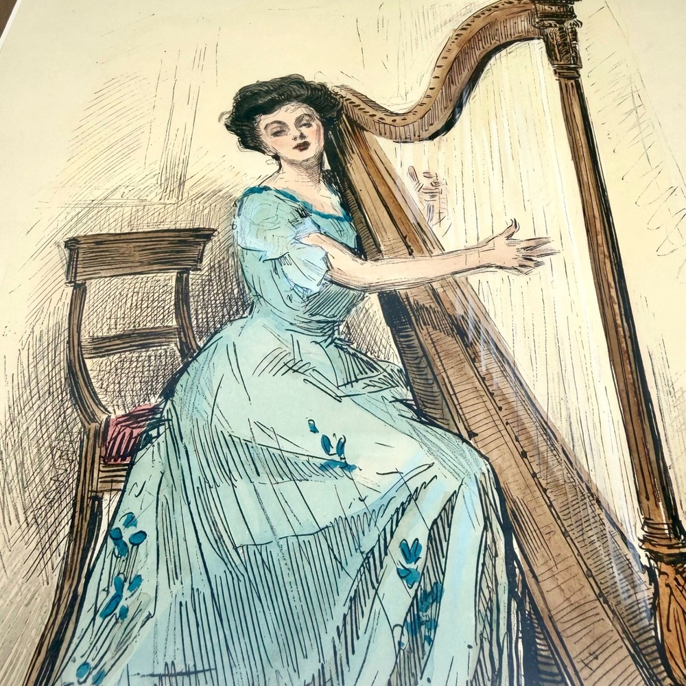Charles Dana Gibson Girl Playing Harp Framed Print 1909 PF Collier Antique